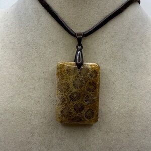 Beautiful Coral Fossil Jade Pendant on Leather Rope